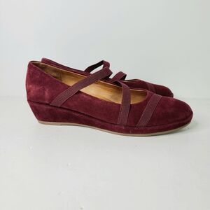 L'Amour Des Pieds Burgundy Suede Mary Jane Strappy Wedge Shoes